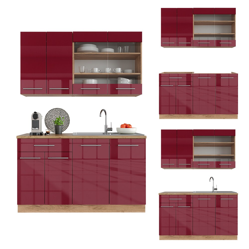 Vicco Küchenzeile Küchenblock Einbauküche Fame-Line Single Eiche Rot Bordeaux 140 cm modern Küchen Schränke Spülenunterschrank Schubunterschrank Hängeschrank Hängeglasschrank Hochglanz