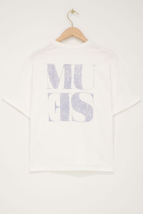 Wit T-shirt met blauwe denim fotoprint Muse