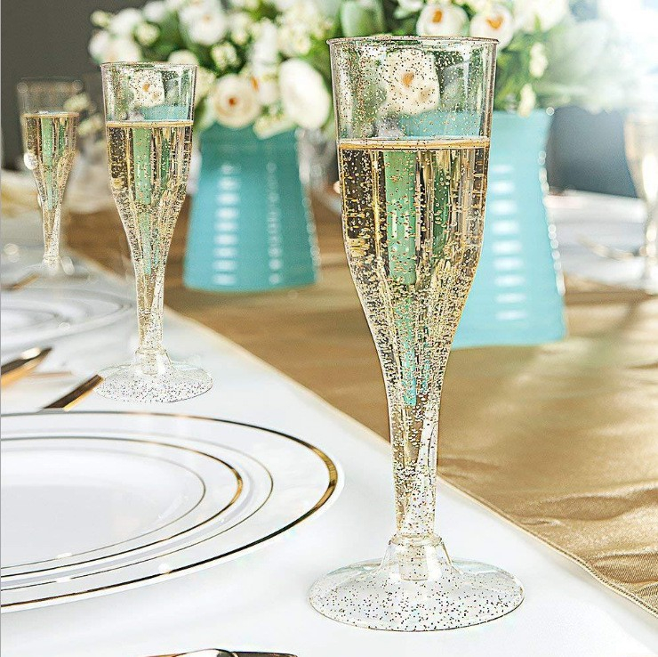 (10er Set) Einweg Glitzer Sekt Trinkbecher Party Champagner Glas für Hochzeit / Junggesellinnenabschied / Geburtstag - Transparent / Gold