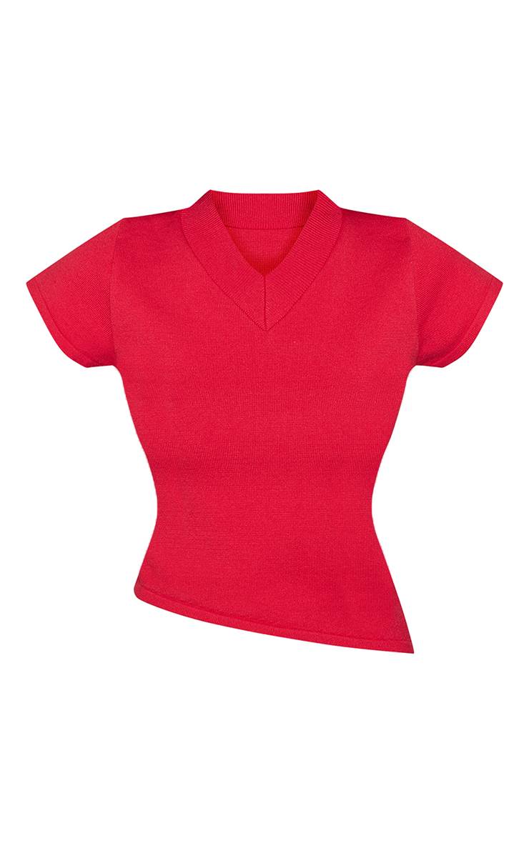 Rouge Haut Tricoté Asymétrique À Col V Haut Et Manches Courtes