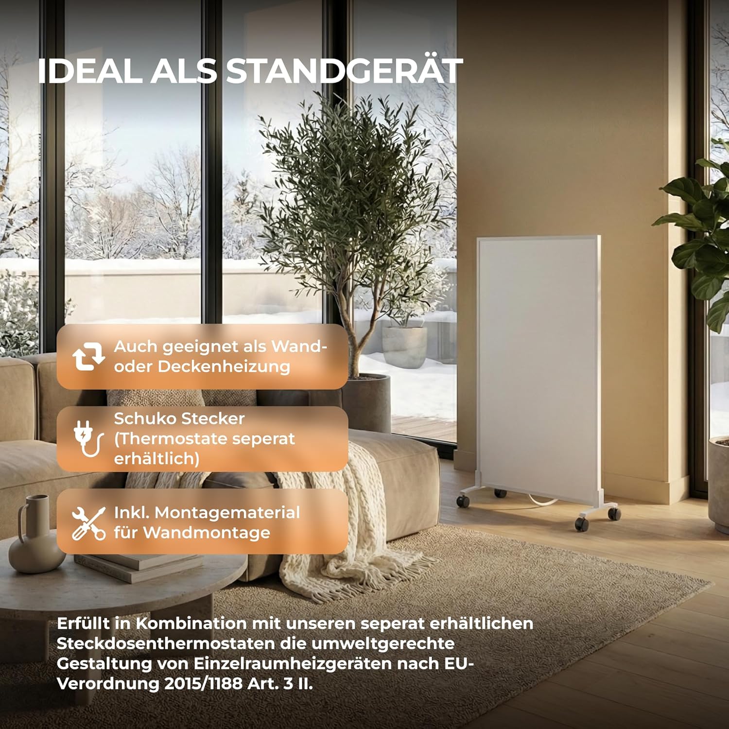BR Bringer Infrarotheizung Standgerät - 300 Watt - Energiesparend - Mobile Elektroheizung mit Standfüßen auf Rollen, Smart Thermostat, WiFi und App - TÜV & GS (weiß)