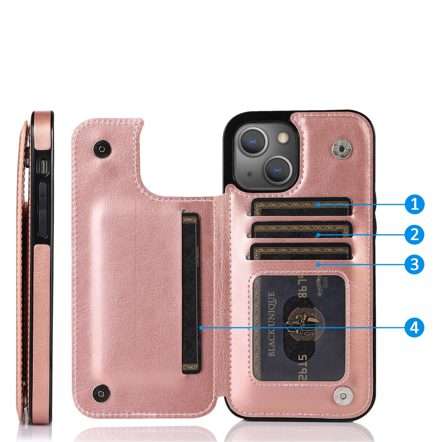 iPhone 14 Hybrid Leder Hülle mit Kartenfach   Kickstand Aufsteller - Roségold