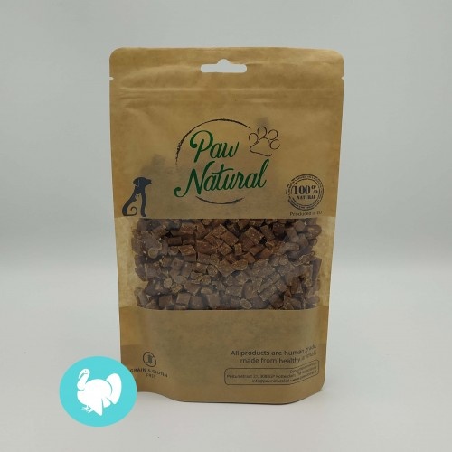 Petiscos naturais com sabor de peru da Paw para cães.