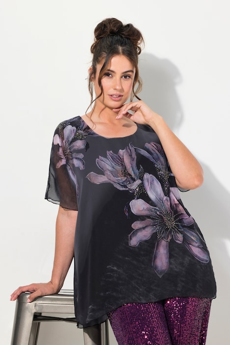 Bluse, doppellagig, Blüten, A-Linie, Rundhals, Halbarm
