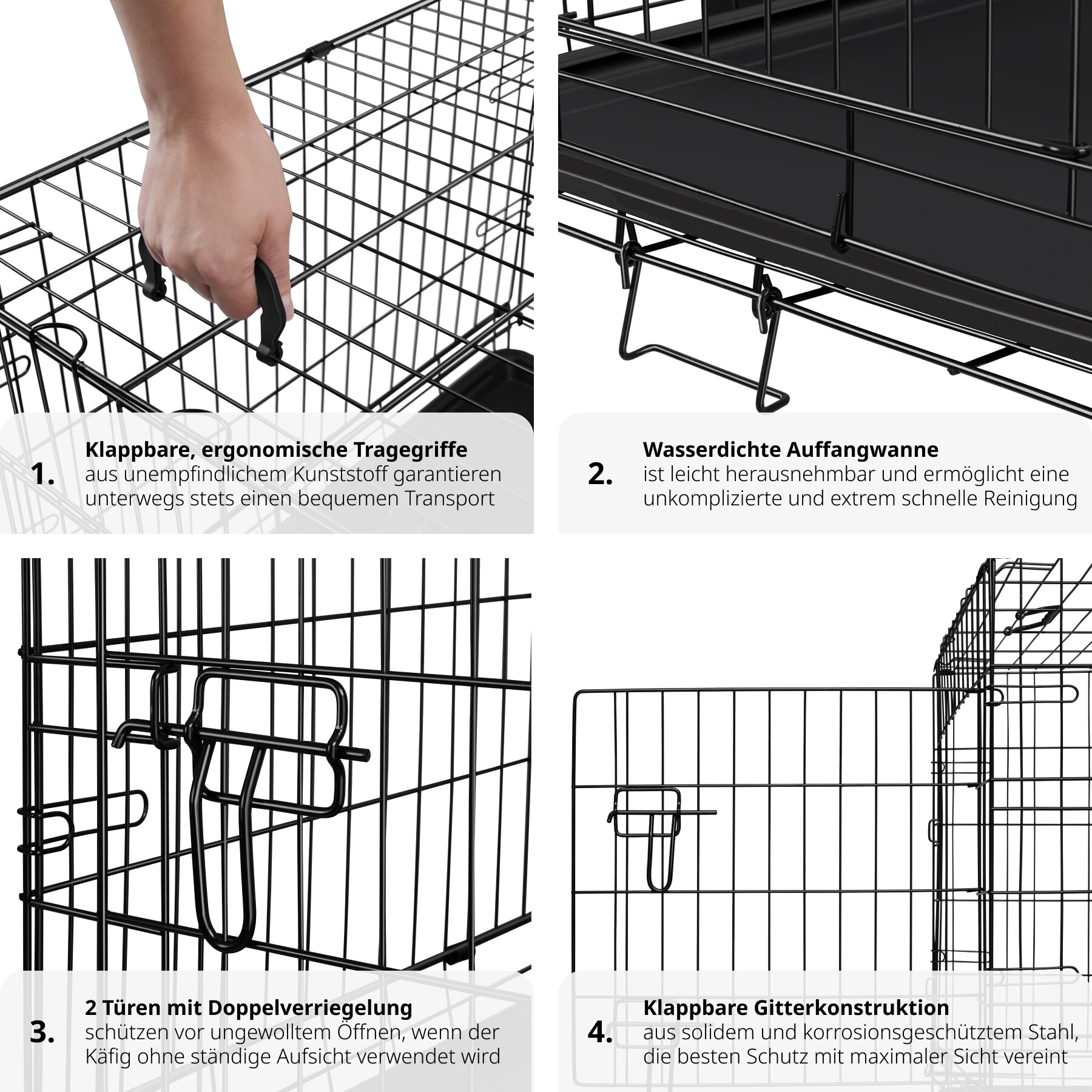 tectake® Hundekäfig-Gitterbox, klappbar, mit 2 Tragegriffen, 2 große Türen mit Doppelverriegelung, herausnehmbarer Boden, abgerundete Ecken