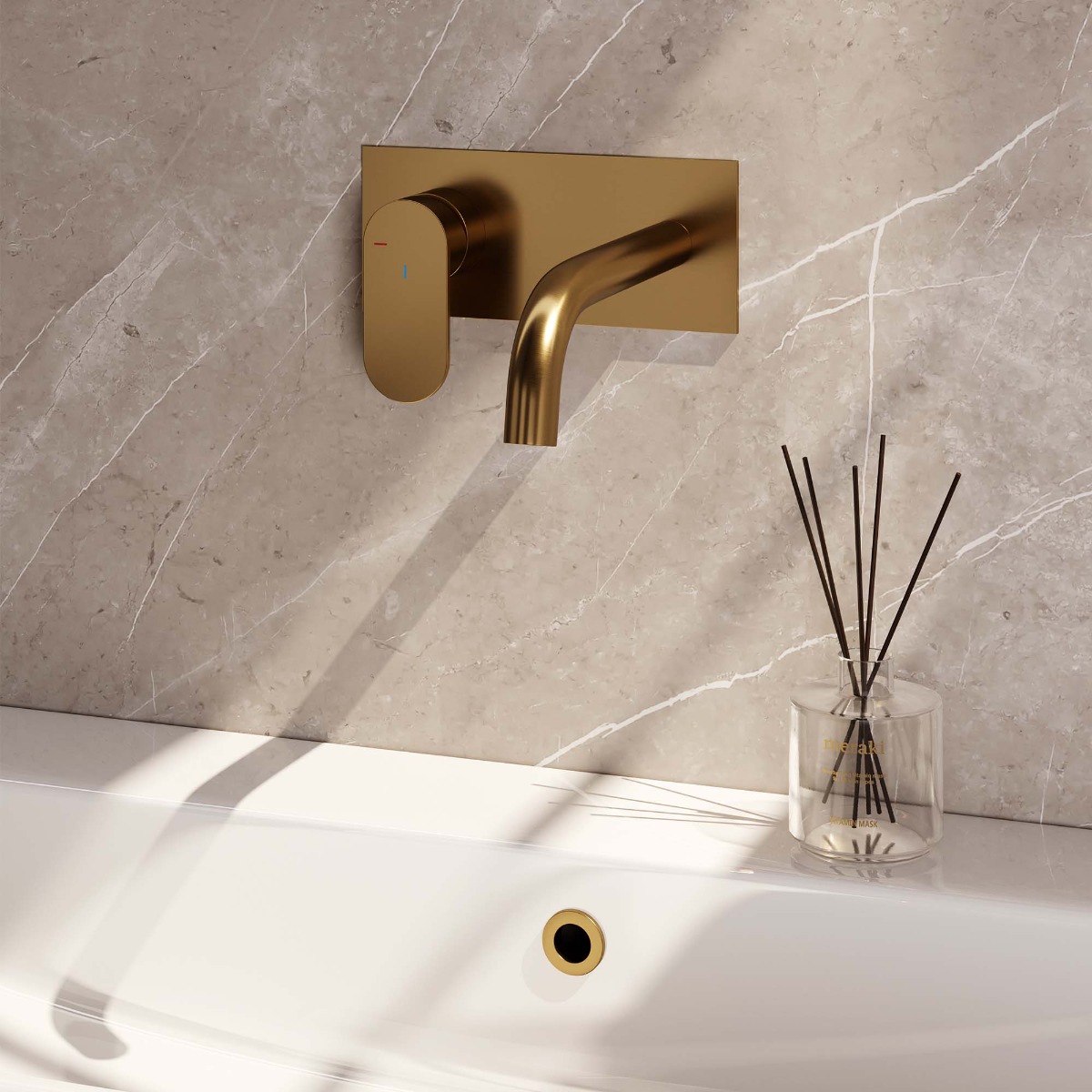 Brauer Gold Edition ColdStart wastafelkraan inbouw gebogen uitloop met achterplaat model C2 geborsteld messing PVD