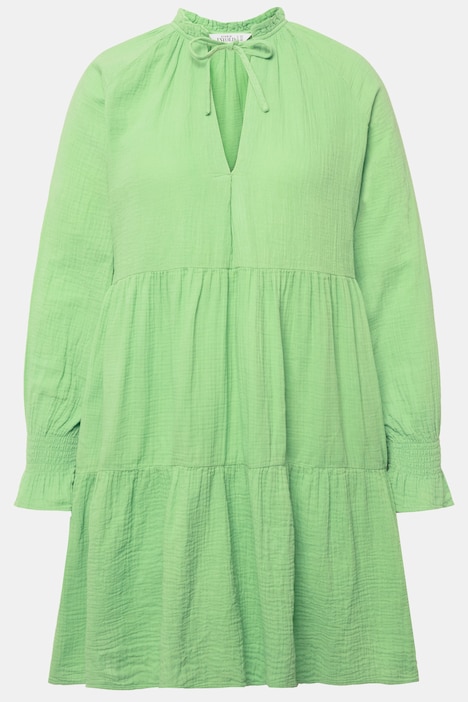 Musselin-Minikleid, A-Line, Rüschen-Ausschnitt, Langarm