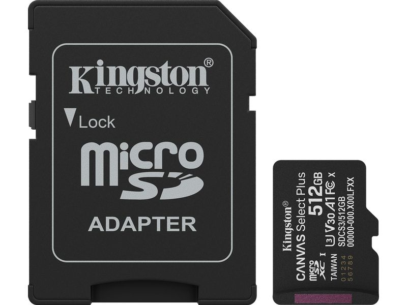 Kingston microSDXC-Karte Canvas Select Plus Gen3 512 GB Robuste microSDXC-Karte für Full-HD-Aufnahmen mit Speicherkartenadapter