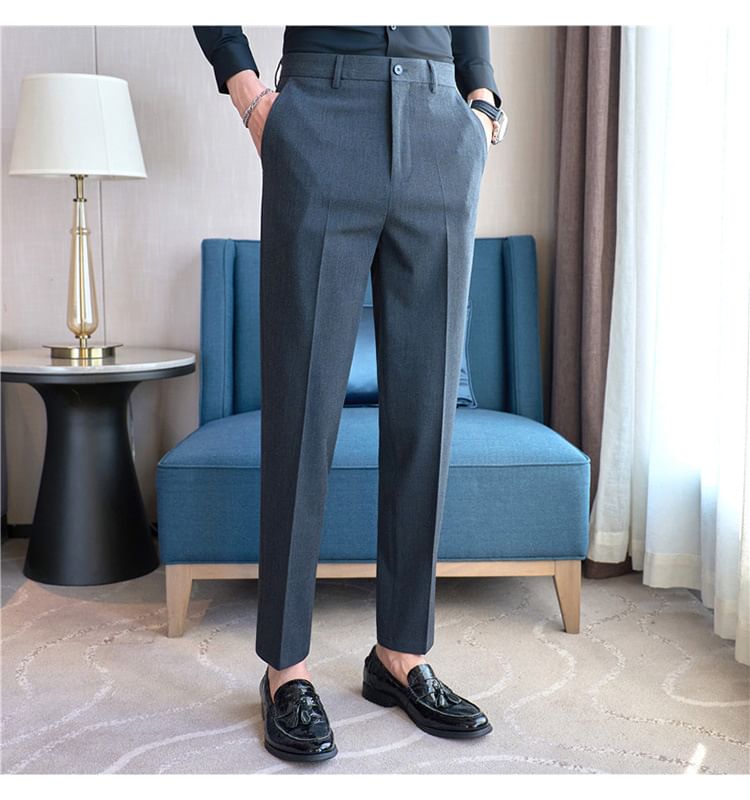 Lefitt - Mid Rise Plain Cropped Straight Leg Dress Pants