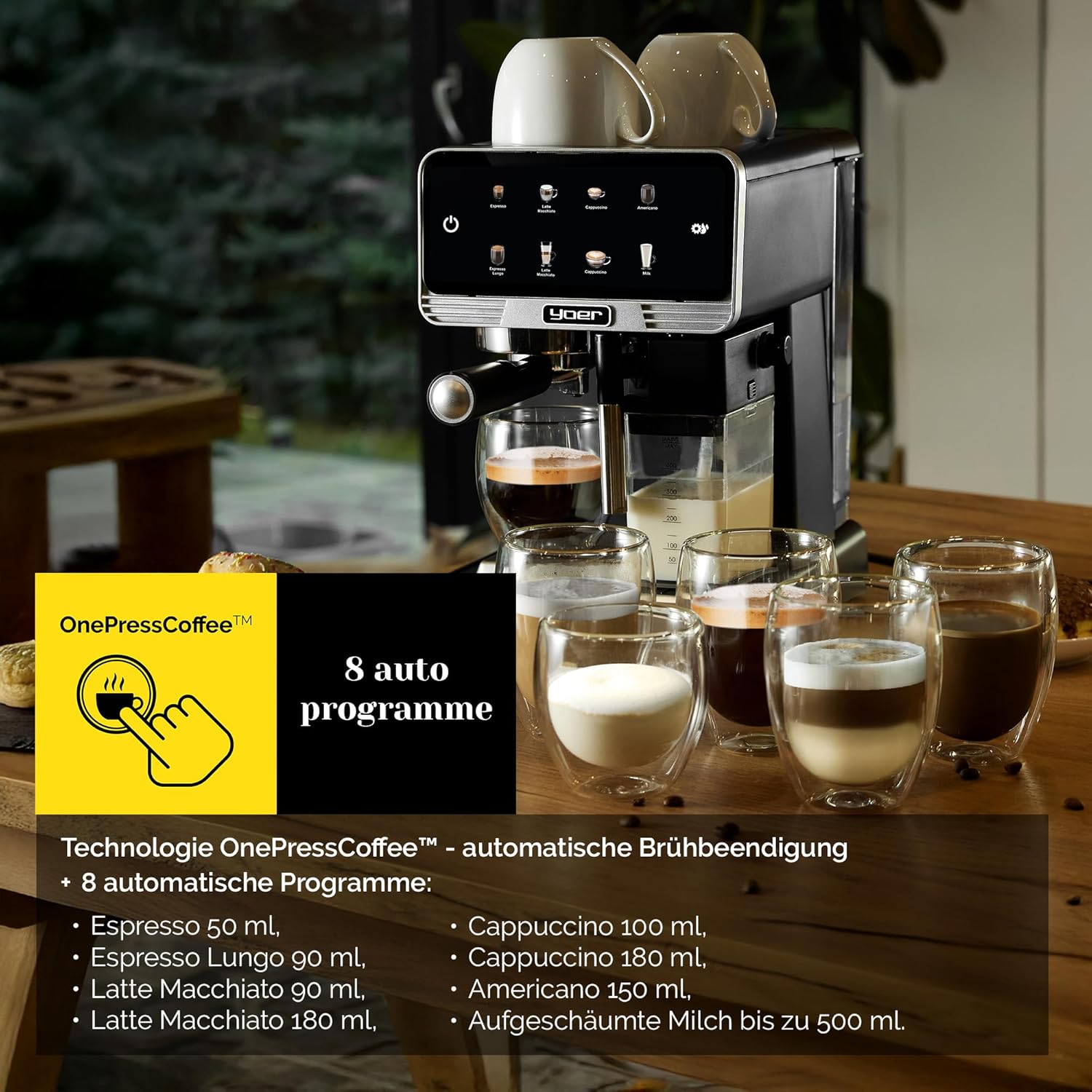 YOER Kaffeevollautomat mit automatischer Milchaufschäumer, 6 Kaffeespezialitäten, Touchscreen, 20 bar, 1350W, Kaffeemaschine für Espresso, Cappuccino & Latte Macchiato, Creamo EMF03BK, schwarz