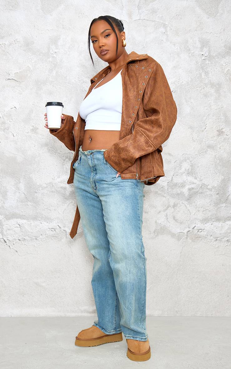 Marron Veste Grande Taille En Synthétique Effet Délavé Avec Détails Métalliques Et Ceinture