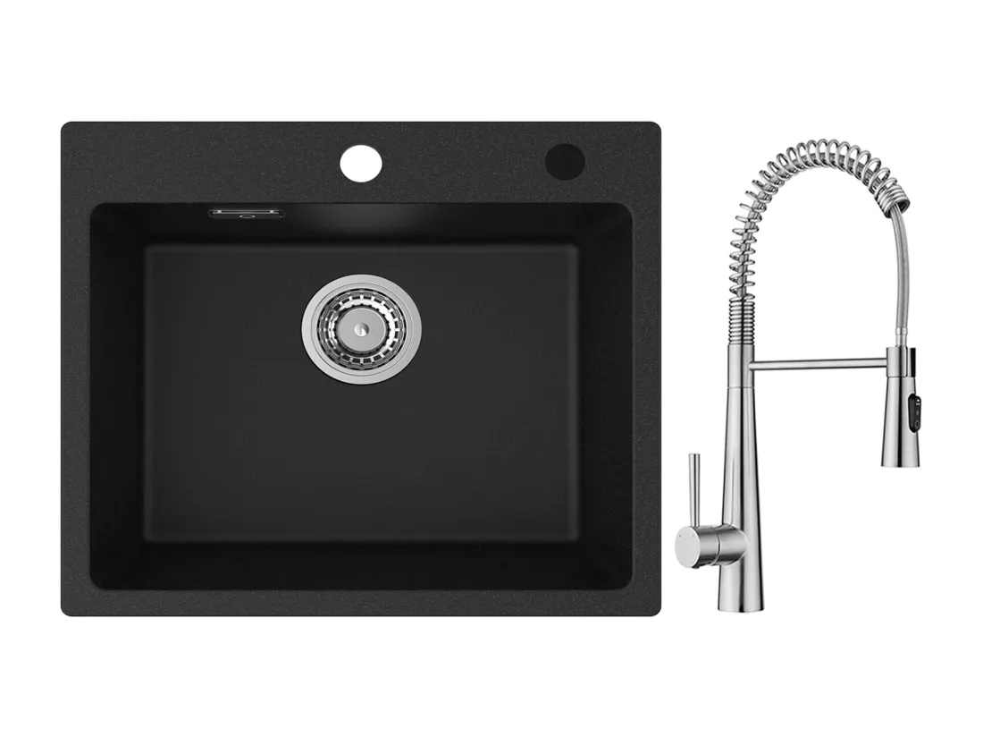 Cecipa max Evier Quartz Noir 50x45cm Evier 1 Bac en Quartz et Résine + Mitigeur de Cuisine à Ressort avec 3 Modes de Sortie D'eau, Brossé
