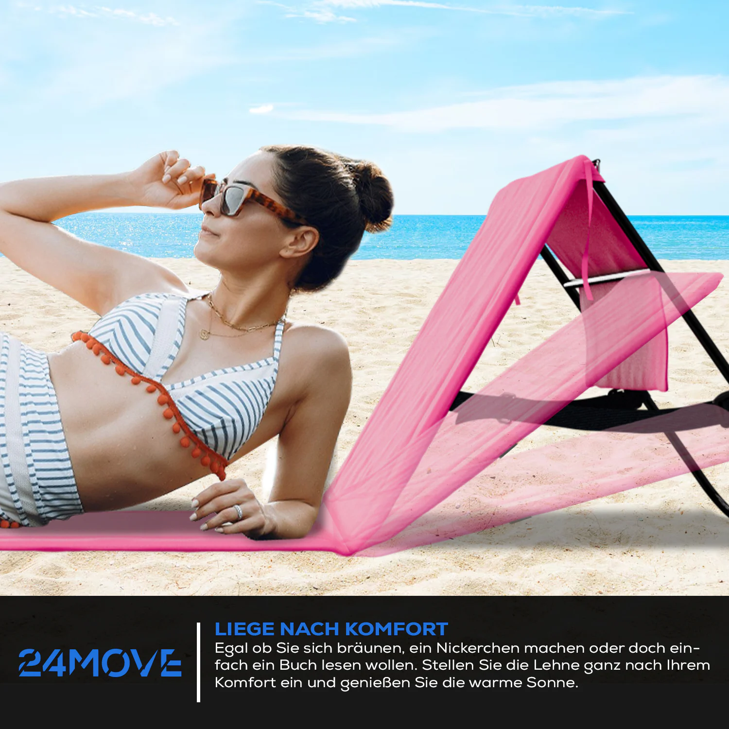 24MOVE® Strandmatte 2er Set klappbar mit Rückenlehne, Strandliege mit Gurt, tragbar für Strand und Garten, Liegematte rosa