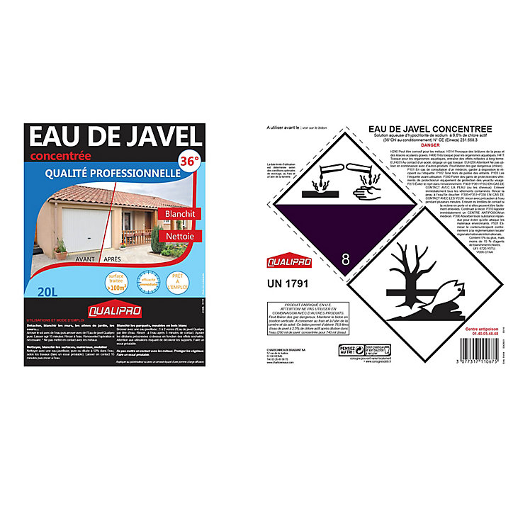Eau de javel concentrée qualité professionnelle 36° 20L Qualipro
