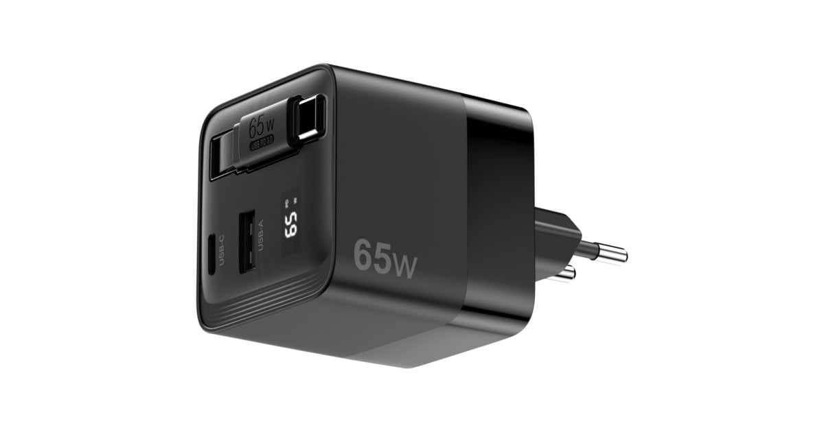 Sitecom65W GaN Power Delivery wandoplader met uittrekbare kabel  (Zwart)