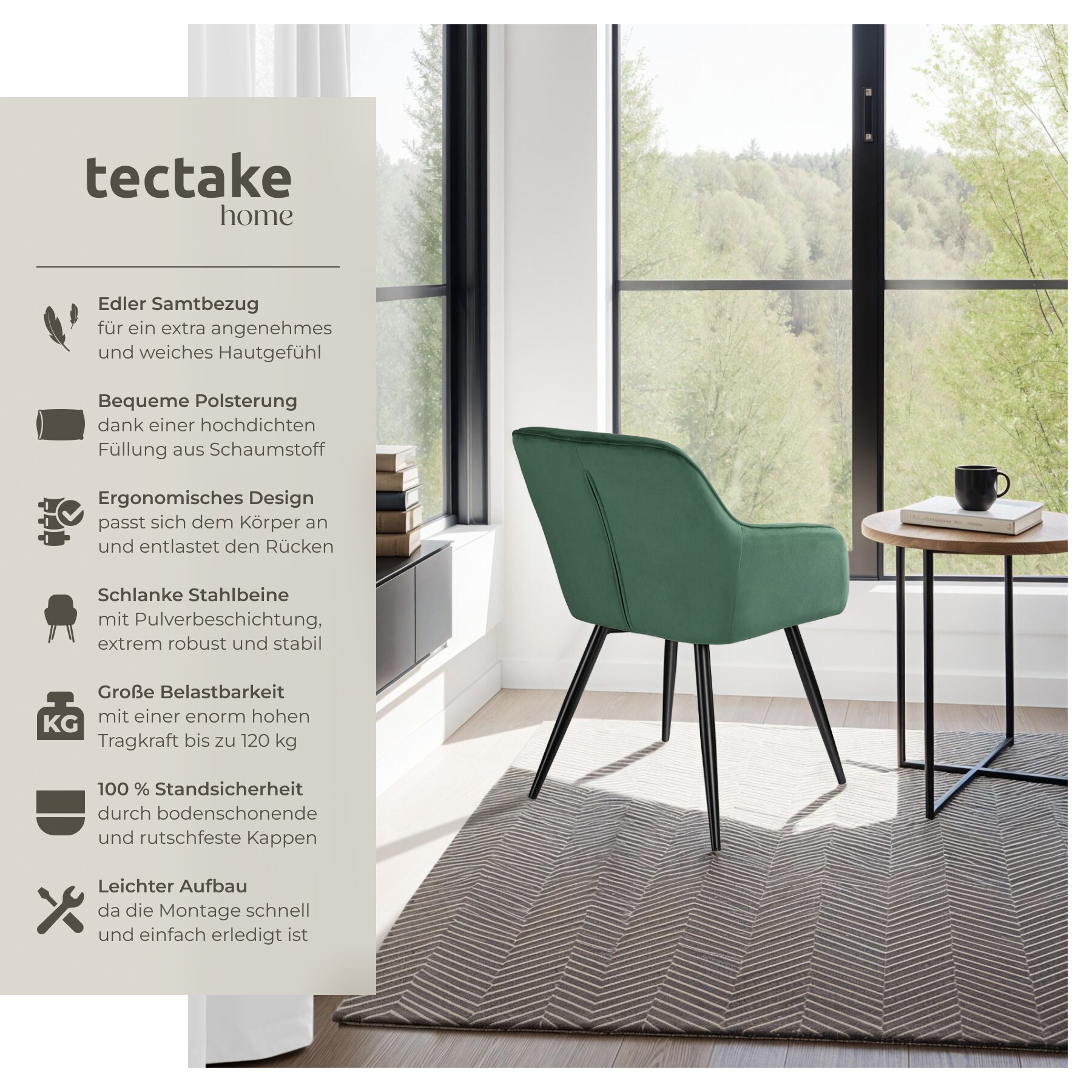 tectake® Esszimmerstuhl, gepolstert, in Samtoptik, schwarze Stahlbeine, 58 x 62 x 82 cm
