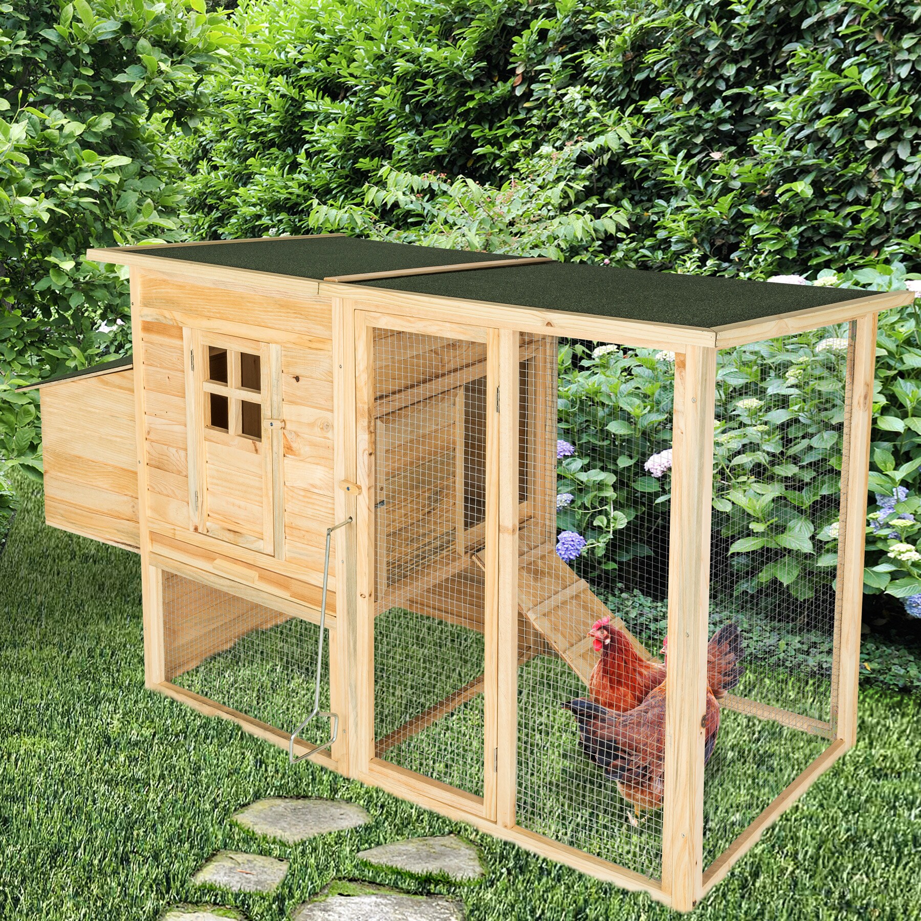 tectake® Hühnerstall, aus Holz, 2 Türen, Ruhezone und Freilaufbereich, inklusive ausziehbarer Schublade, 198 x 75 x 102 cm