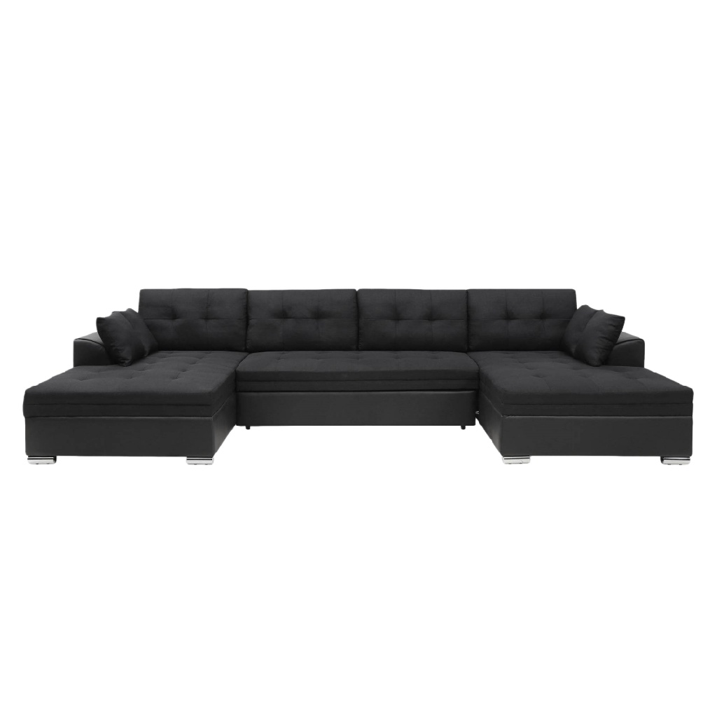 Canapé d’angle en U convertible noir avec coffre de rangement – Grand canapé panoramique tissu