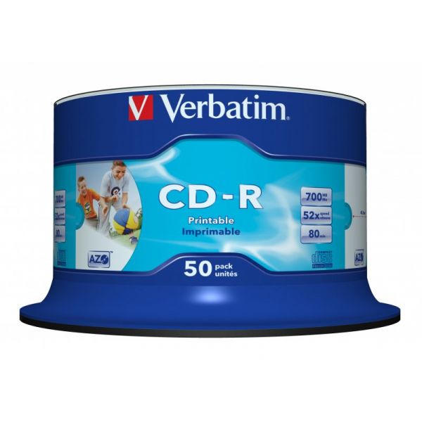 Verbatim CD-R 700MB 52X Spindle 50 Printable Inkjet Super AZO - 43438