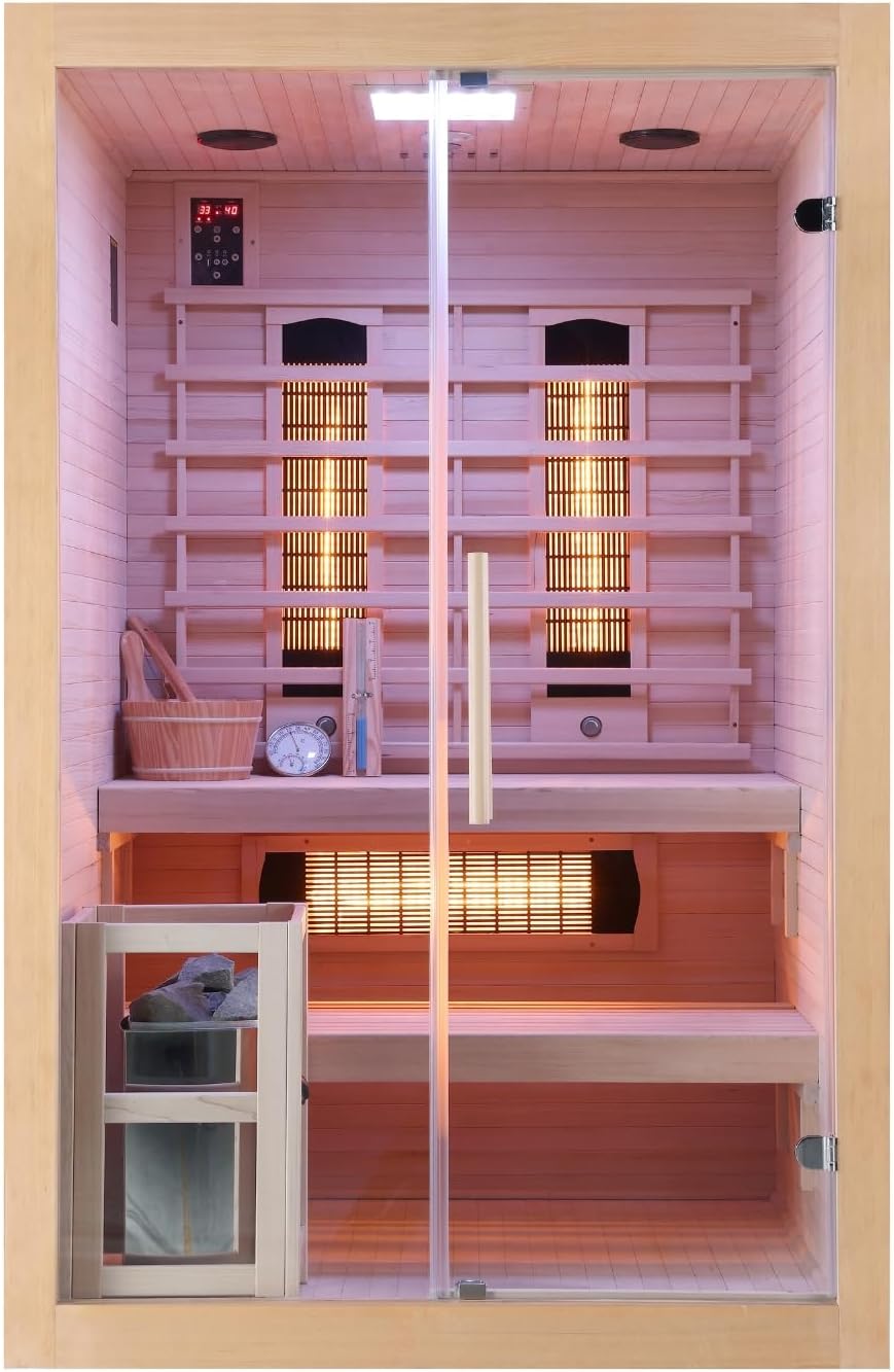 SANOTECHNIK Infrarotkabine TWINCOMBI – 2 Personen Kombi-Sauna 130×120×200cm | 3 Vollspektrum-Strahler (2×300W & 1×400W), Harvia 3,5kW Ofen, LED-Farblicht, Bluetooth-MP3 – Art.Nr.: J30130
