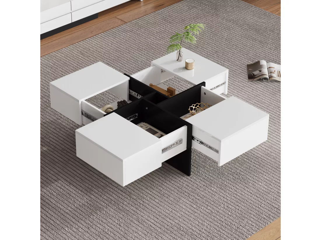 Table basse coulissante avec 4 compartiments cachés - 70 x 70 x 35 cm - panneaux de particules - blanc