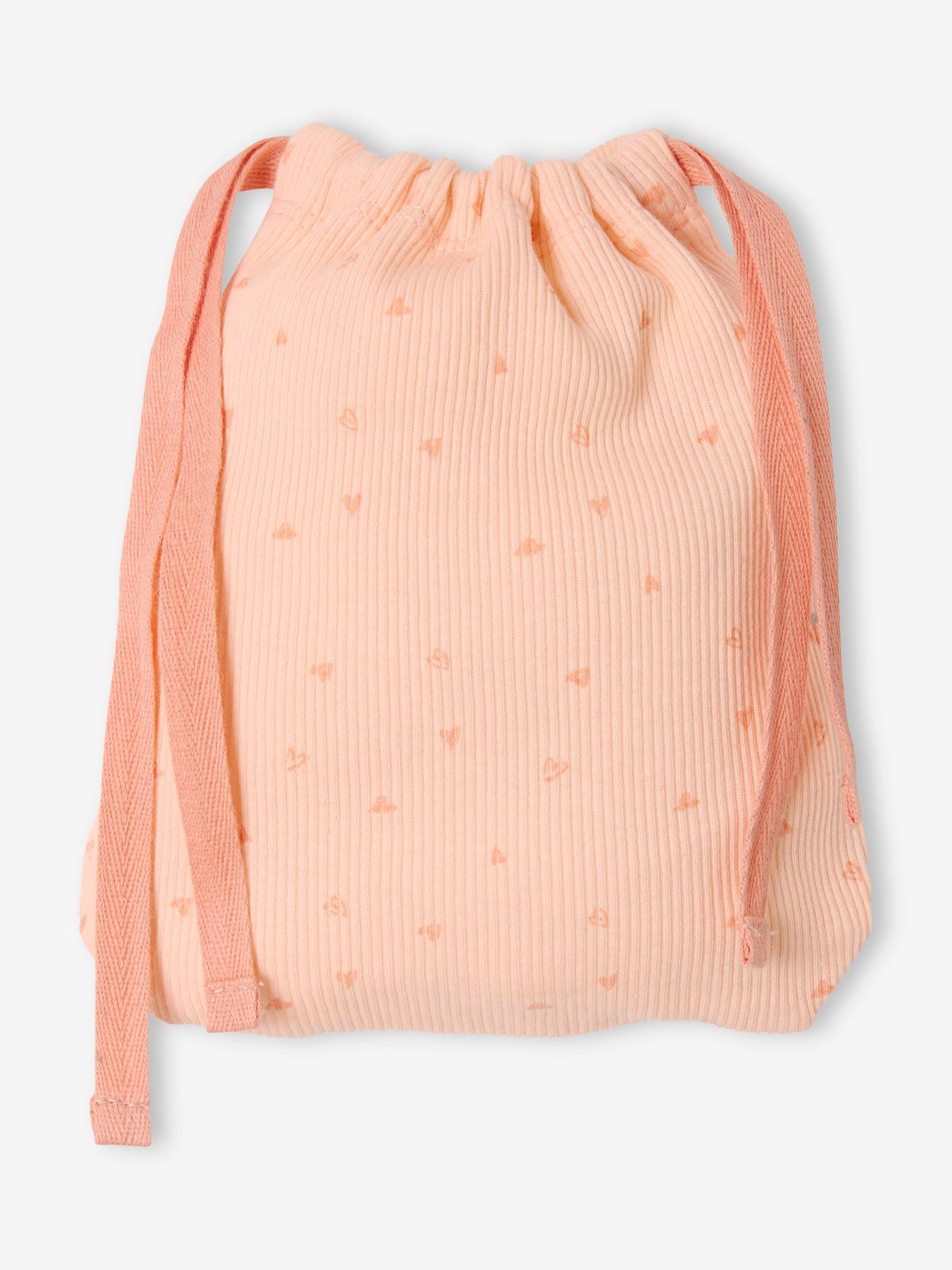 Conjunto de pijama rosa claro estampado com shorts e bolsa de malha canelada para meninas