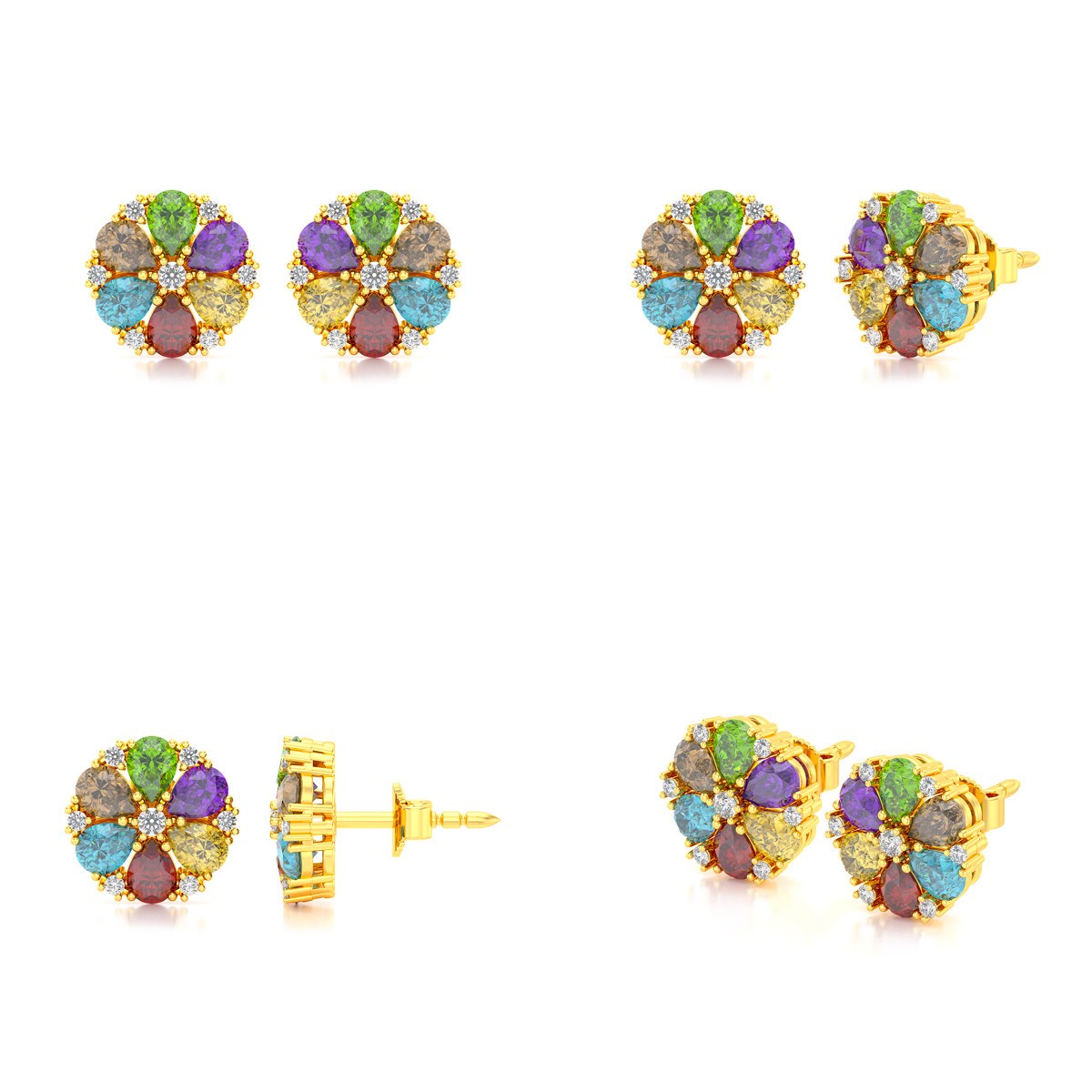 Boucles d'oreilles ADEN Or 585 Jaune Multi-Pierres semi-précieuses et Diamant 2.74grs