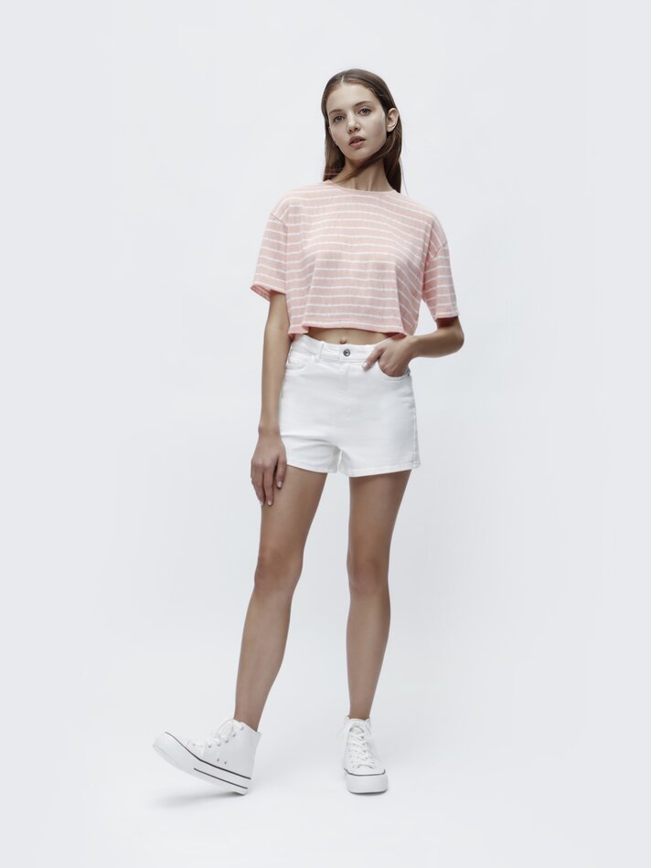 Camiseta cropped com efeito linho - Rosa Médio