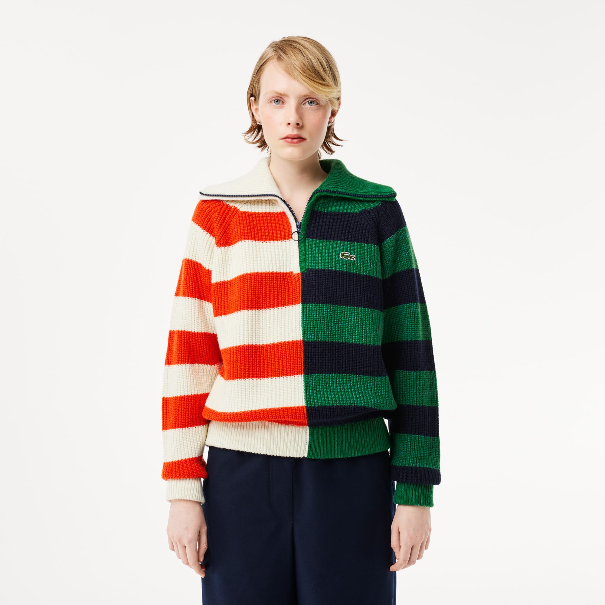 Pull col zippé à rayures contrastées en laine Pullovers - Blanc - Lacoste - Femme