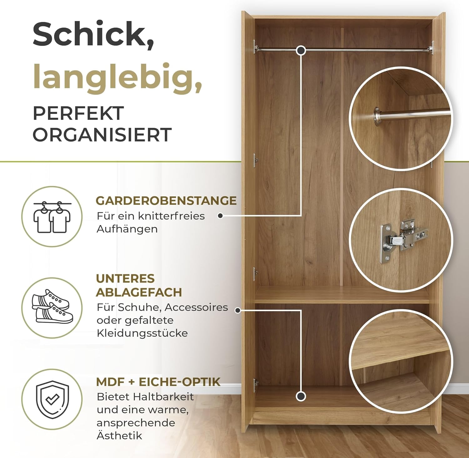 [en.casa] Kleiderschrank Eiselfing Schrank mit 2 Türen Garderobenschrank 176 x 80 x 52 cm Schlafzimmerschrank 1 Kleiderstange 1 Fach Eicheoptik
