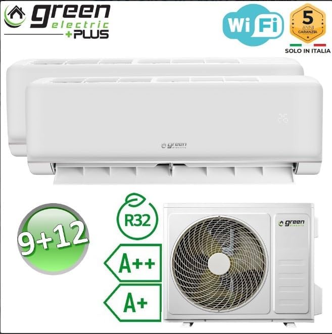 Plus Klimaanlage Dual Split 9000+12000 BTU, Wi-Fi, R32, Energieeffizienz A++/A+, Klimagerät mit Zwei Inneneinheiten und 1 Außeneinheit, Fernbedienung, App-Steuerung, Niedriger Verbrauch