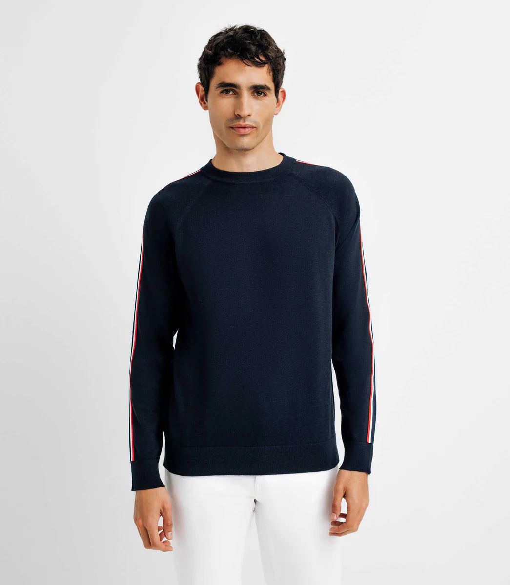 Pull col rond avec bande tricolore marine