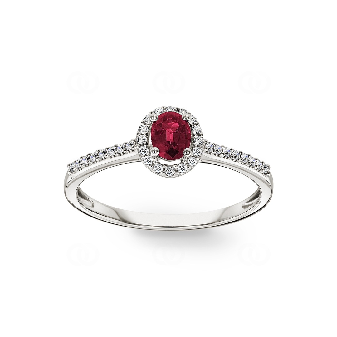 Damenring 750/18 K Weissgold mit Rubin oval und Diamanten 0.12 ct H/si