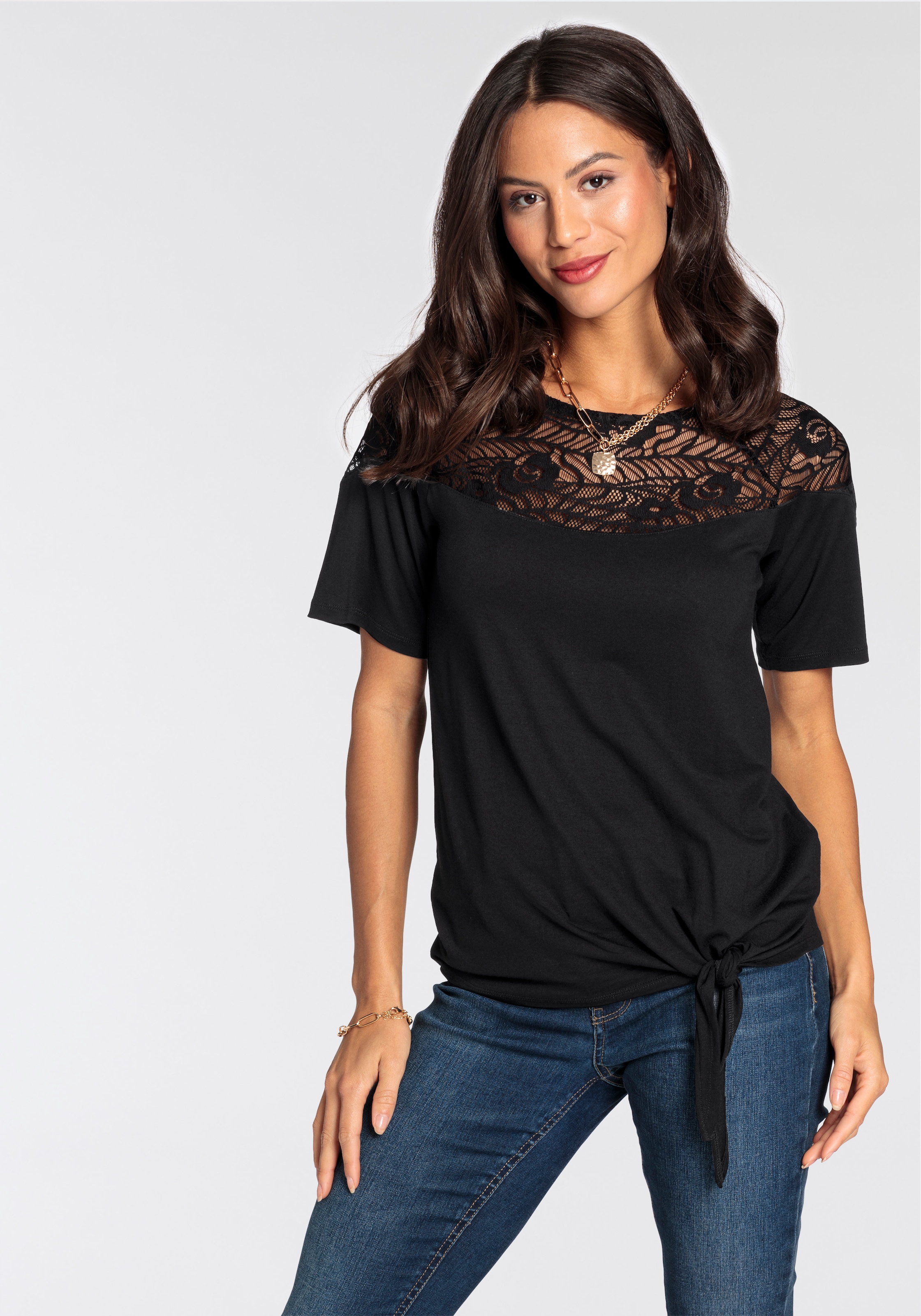 Laura Scott Wickelshirt , halbarm,  figurumspielende Passform,  aus Single Jersey und Spitze