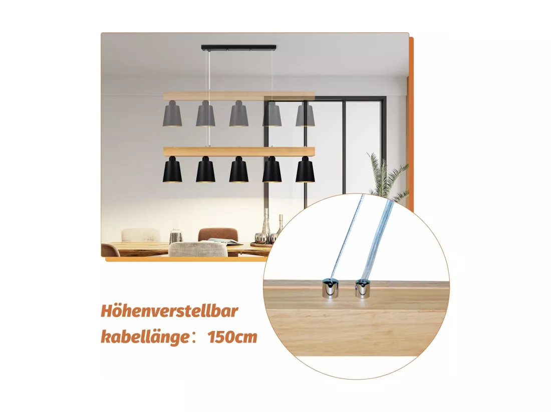 NETTLIFE Suspension 5 Ampoules E27 Noir Diam.102cm Moderne Métal et Bois Lampe de salle à Manger pour Chambre Cuisine Couloir