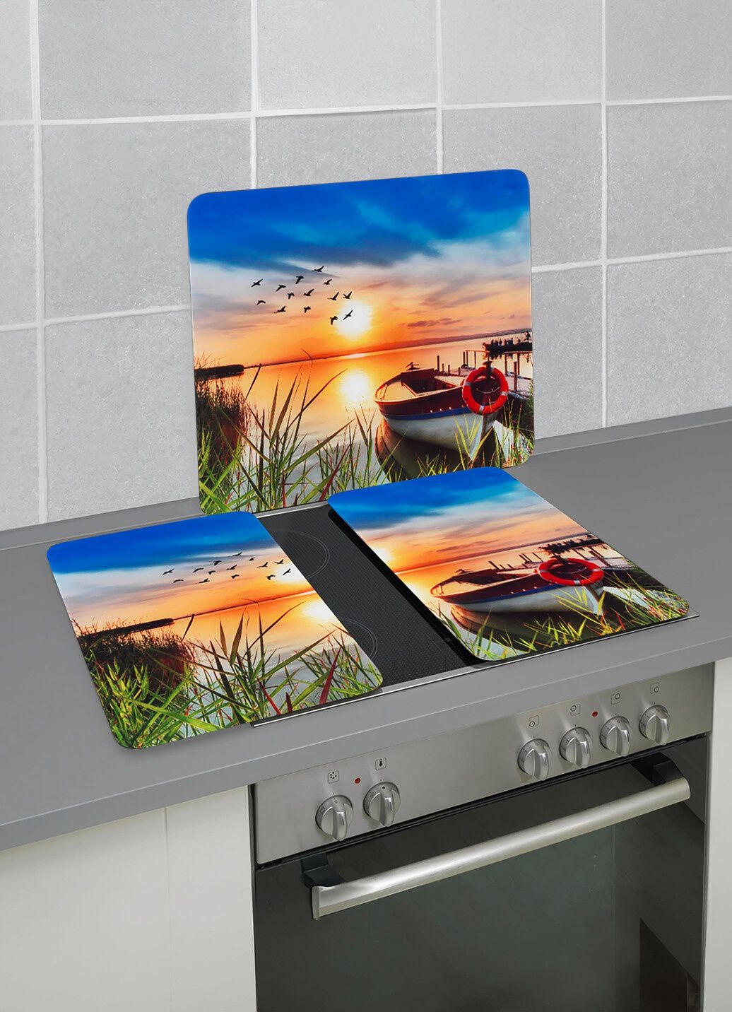 Herdabdeckplatten oder Wandblende aus Glas, Motiv Idylle am See