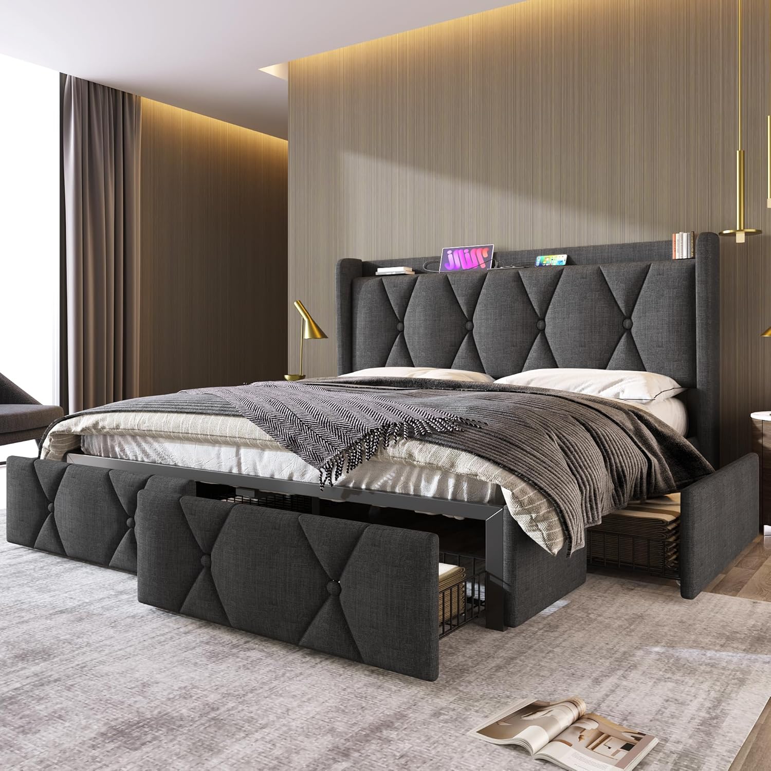 Merax Polsterbett Doppelbett mit USB-Ladefunktion und 4 Schubladen – Doppelbett 160x200cm, Stauraumbett mit Holzlattenrost in stilvollem Grau (Ohne Matratze)
