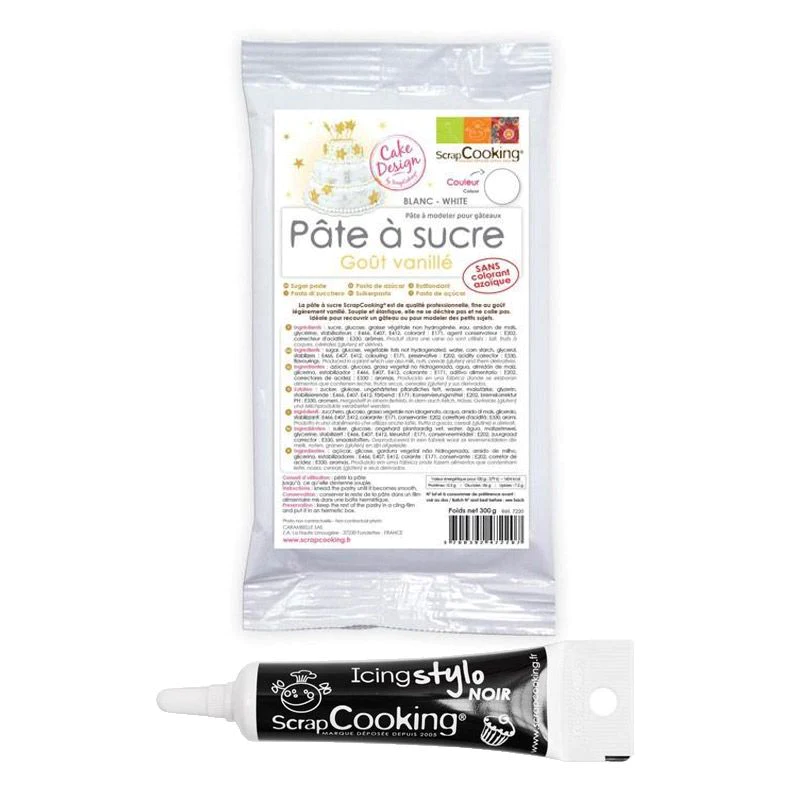 Pâte à sucre blanche 250 g + Stylo de glaçage noir Scrapcooking