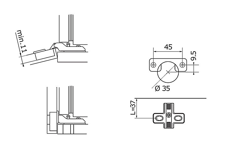 Charnière standard Titus 100°, 2 pièces