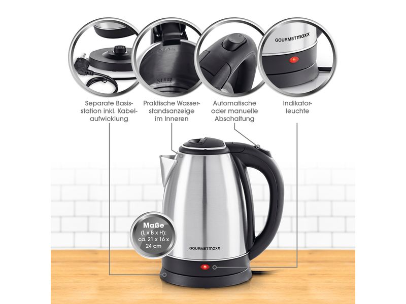 GOURMETmaxx Wasserkocher 1.8 l, Schwarz/Silber Edelstahl Wasserkocher