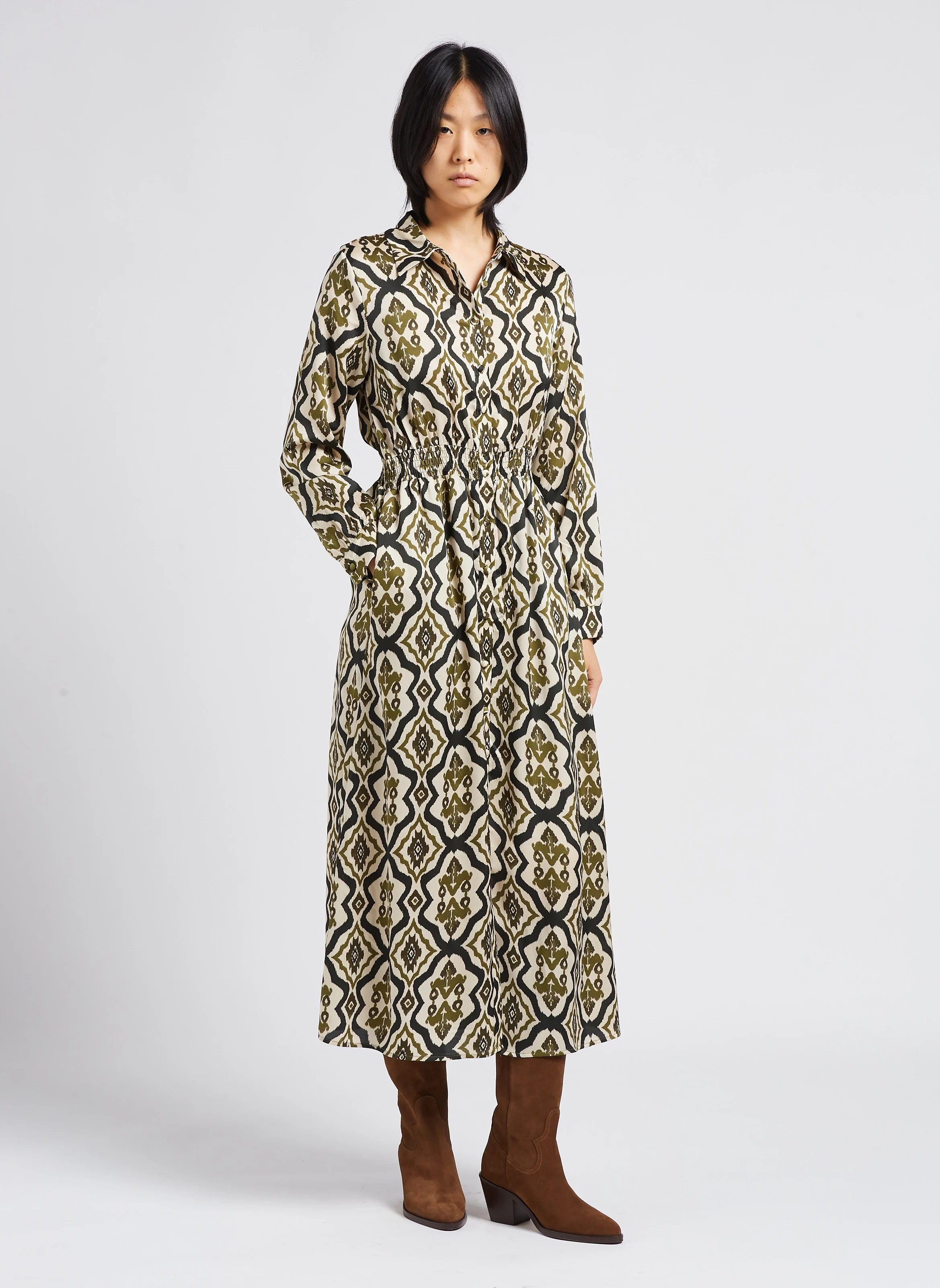 ENSO - Robe longue col classique imprimé graphique| Vert