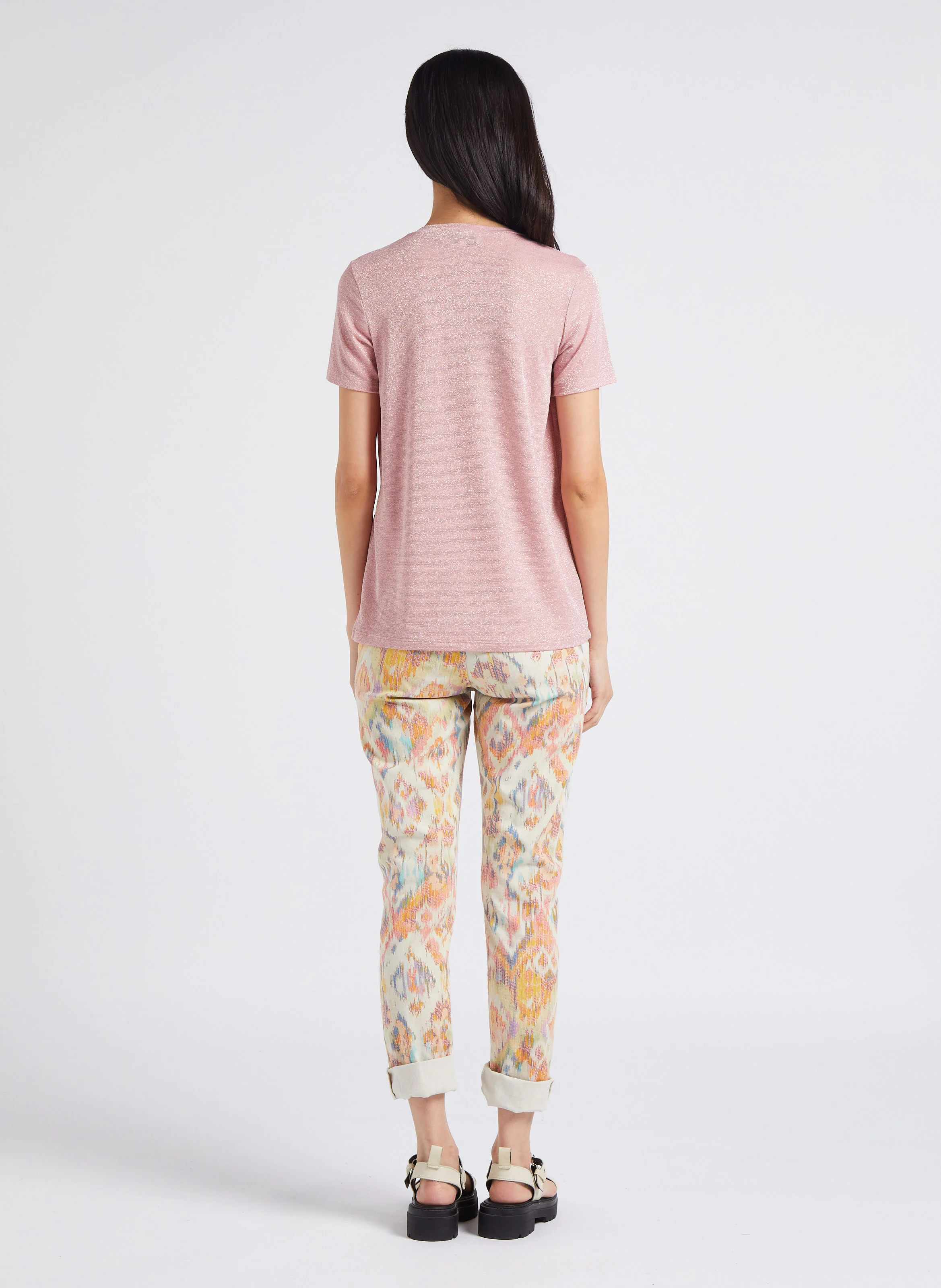 T-shirt col V en fibres métallisées | Rose