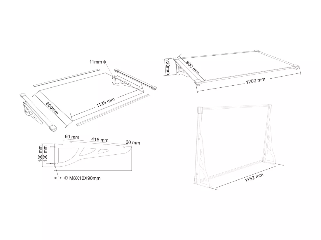 Auvent de porte en aluminium 120 x 90 cm incliné argenté KEPLER
