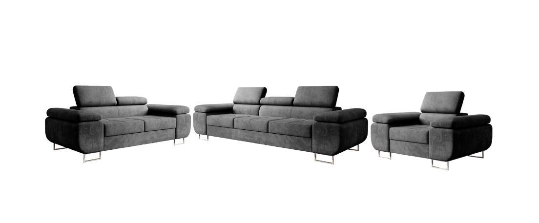 M-Punk Polstergarnitur Miami 3-2-1 Samtstoff Grau Anthrazit mit Bett Kopfteilverstellung Bett Sofa Schlafsofa Wohnlandschaft
