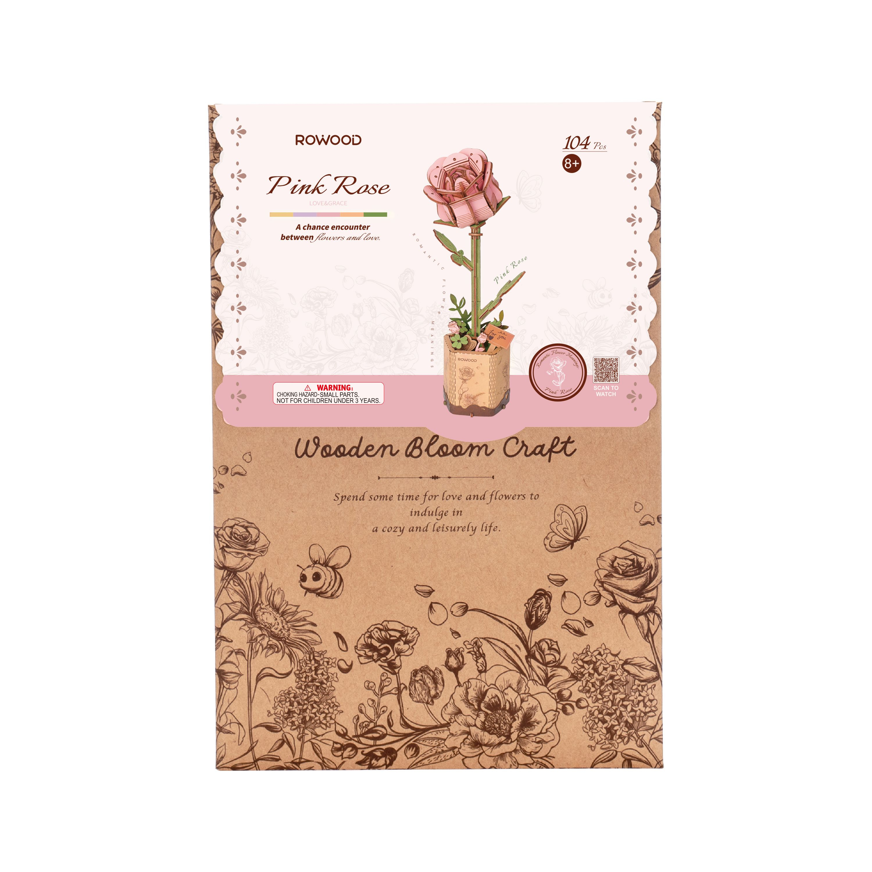 (104-tlg. Set) Rowood 3D Holz Puzzle DIY Modell Bausatz Home Deko Blume für Erwachsene (TW041) - Pinke Rose