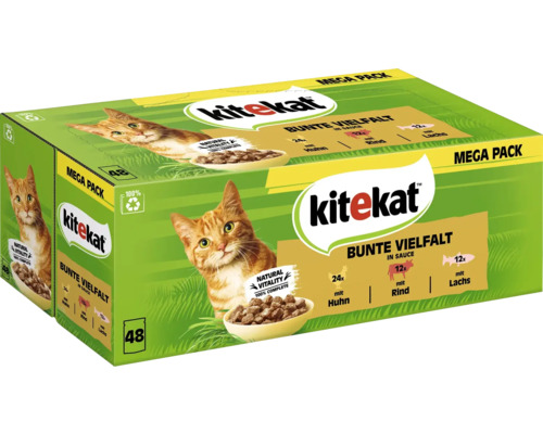 Kitekat natvoer voor katten multipack, kleurrijke variatie in saus met rundvlees, kip, zalm, 48 x 85 g