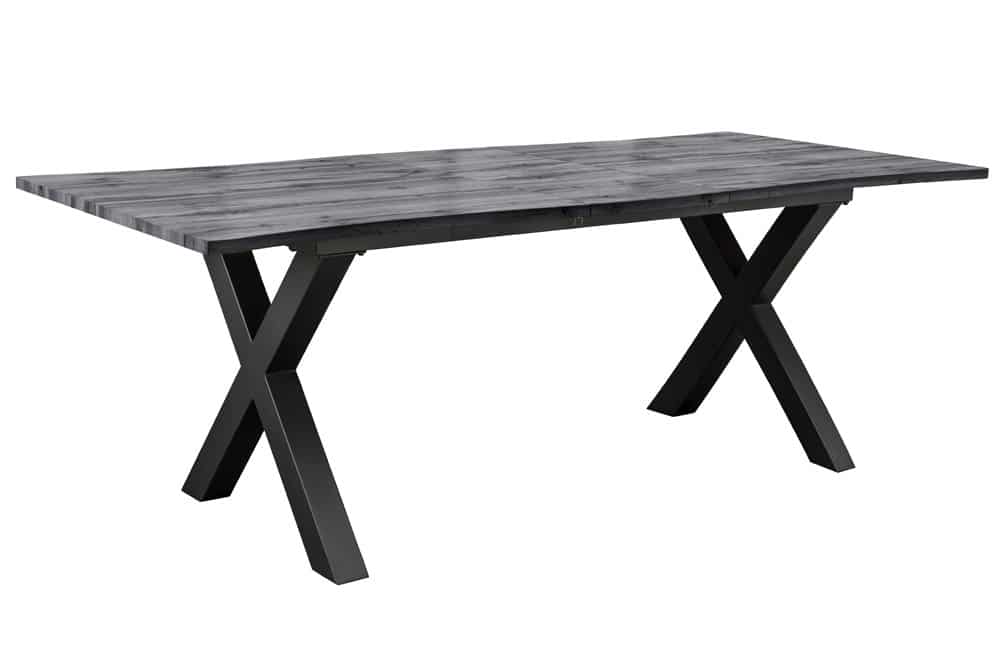 Ausziehbarer Esstisch WILD 180-220cm grau gekälkt Wildeichen-Design Baumkante schwarz