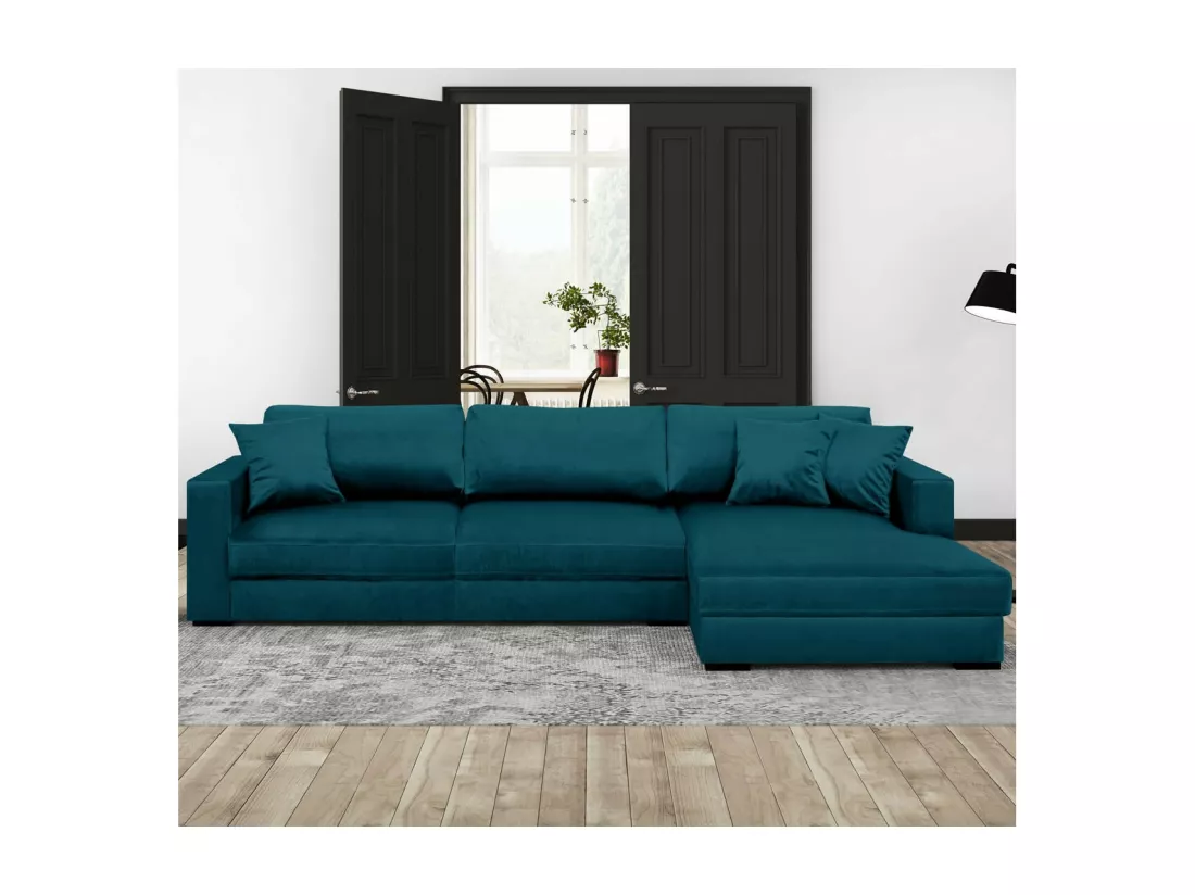 Canapé d'angle droit convertible 5 places en velours bleu canard avec coffre de rangement - Robin