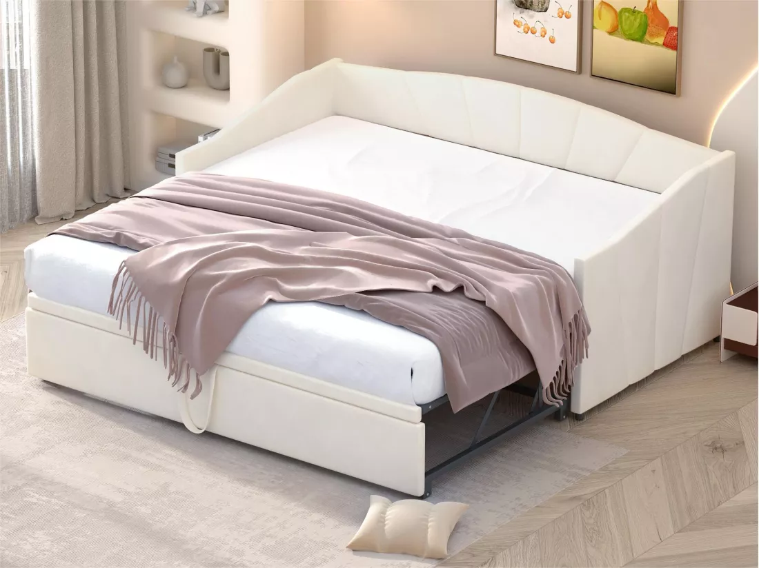 Lit gigogne en velours 180x200 cm - sommier à lattes - Beige