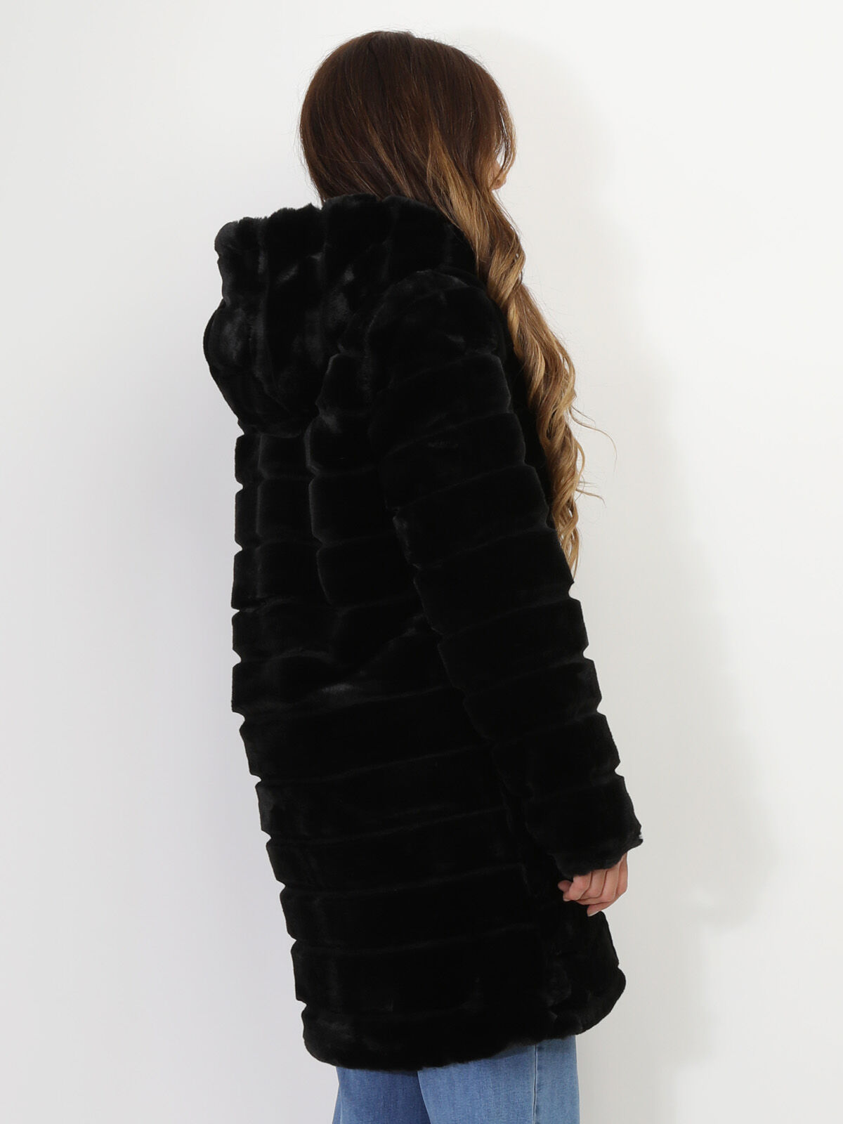Manteau long à fausse fourrure- Noir
